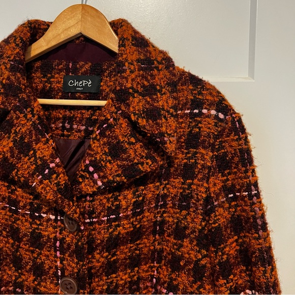 Chepe Italy Wool Cotton Blend Tweed Orange Burgundy Plaid Jacket Lined Size M - Picture 3 of 14